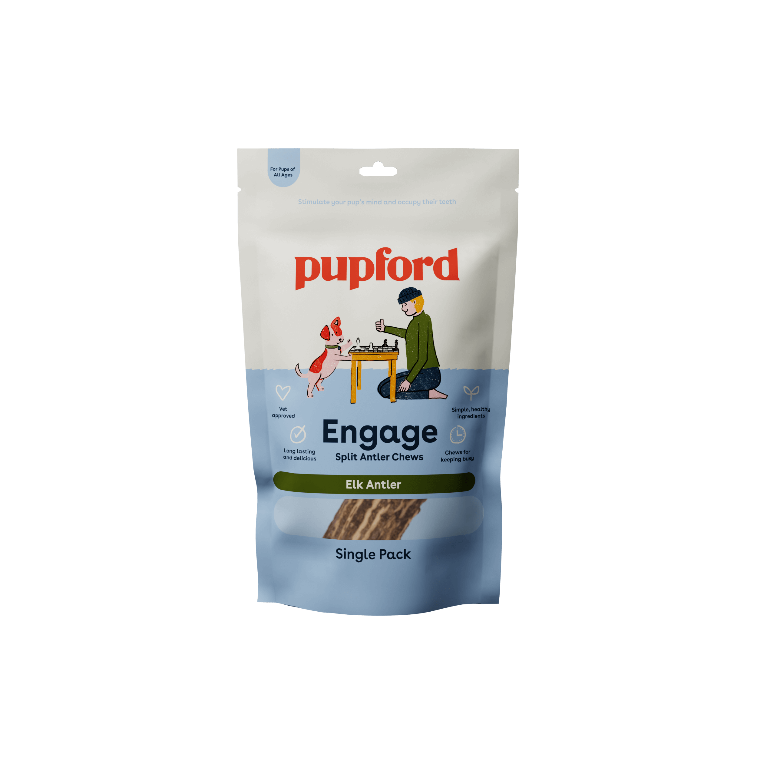 split elk antler single pack front of bag | Pupford