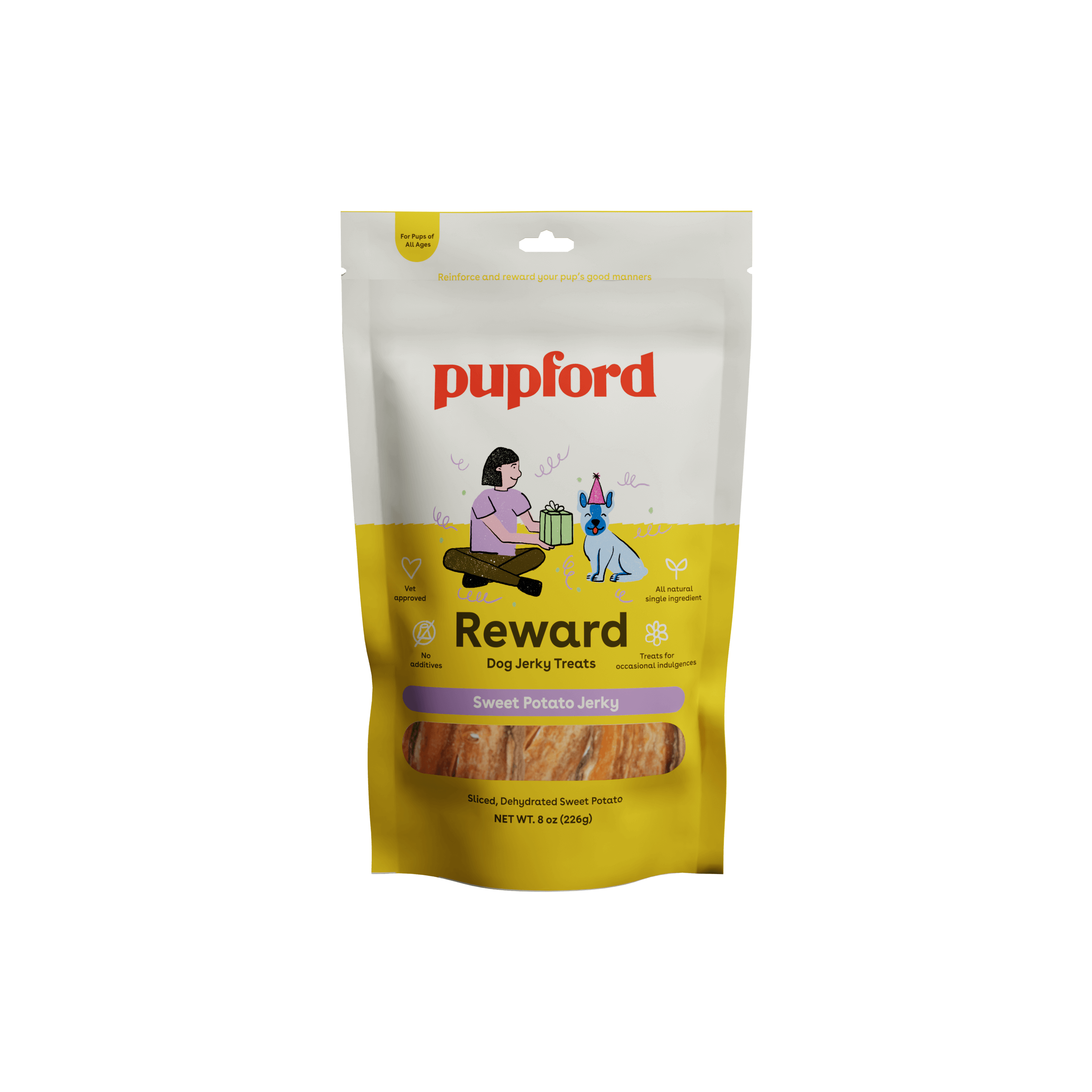 sweet potato jerky dog treats front of bag 8oz | Pupford