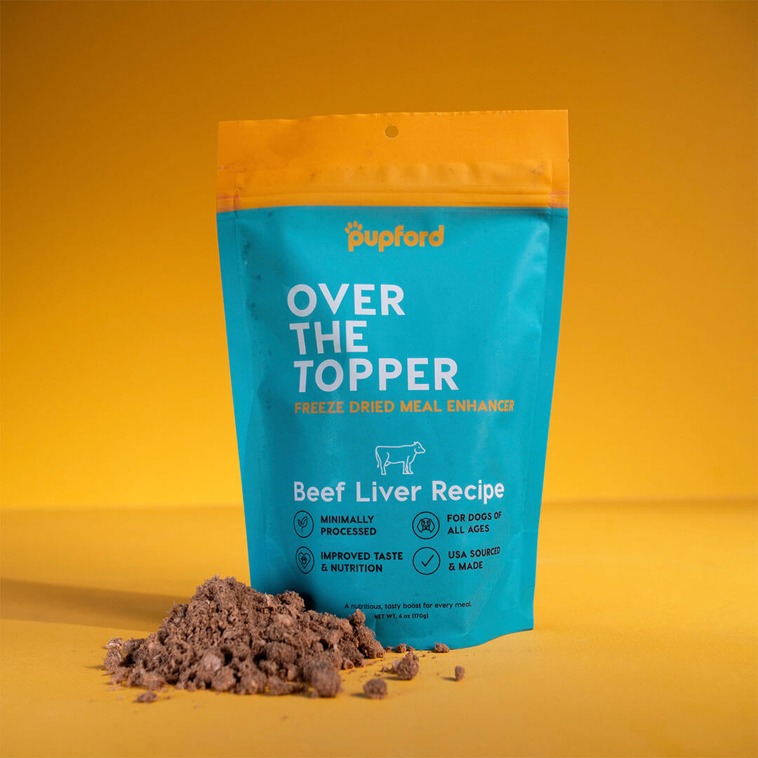 beef liver meal topper in front of bag | Pupford